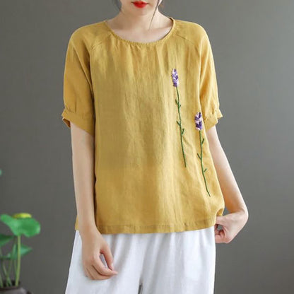 Buddha Stones Summer Vintage Embroidered Flower Pattern Women's Crew Neck Design T-Shirt