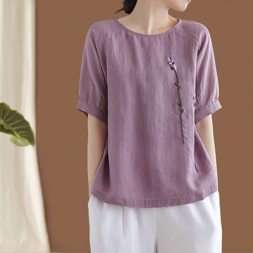 Buddha Stones Summer Vintage Embroidered Flower Pattern Women's Crew Neck Design T-Shirt