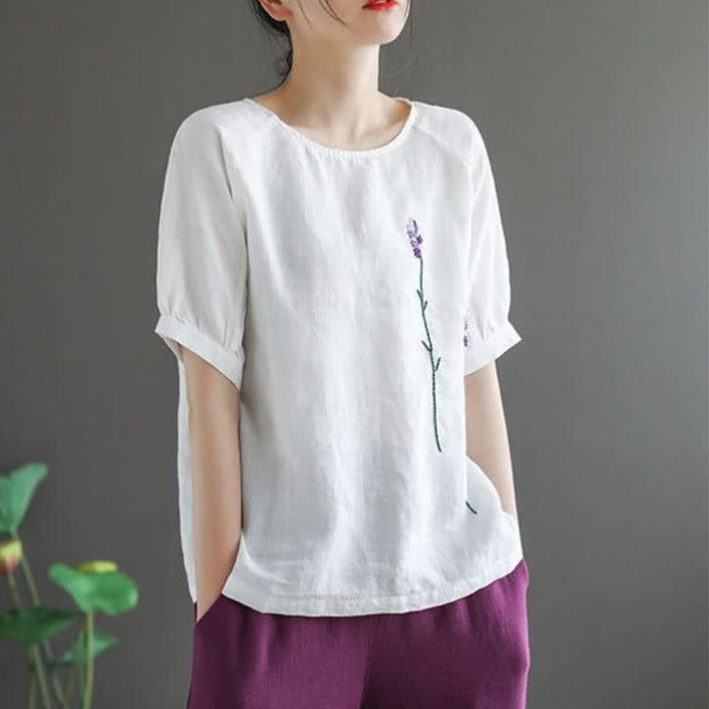 Buddha Stones Summer Vintage Embroidered Flower Pattern Women's Crew Neck Design T-Shirt