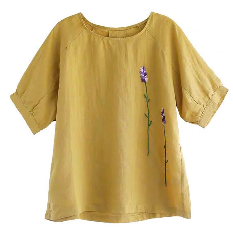 Buddha Stones Summer Vintage Embroidered Flower Pattern Women's Crew Neck Design T-Shirt