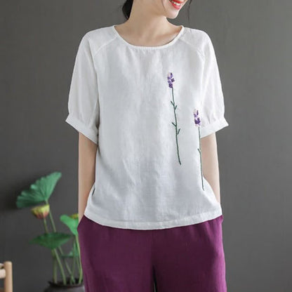 Buddha Stones Summer Vintage Embroidered Flower Pattern Women's Crew Neck Design T-Shirt