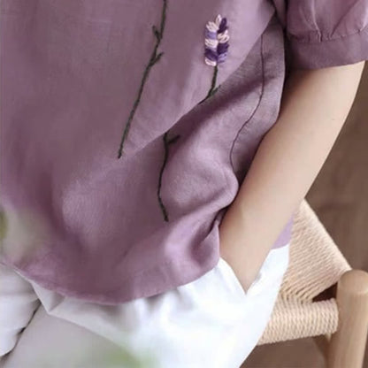 Buddha Stones Summer Vintage Embroidered Flower Pattern Women's Crew Neck Design T-Shirt