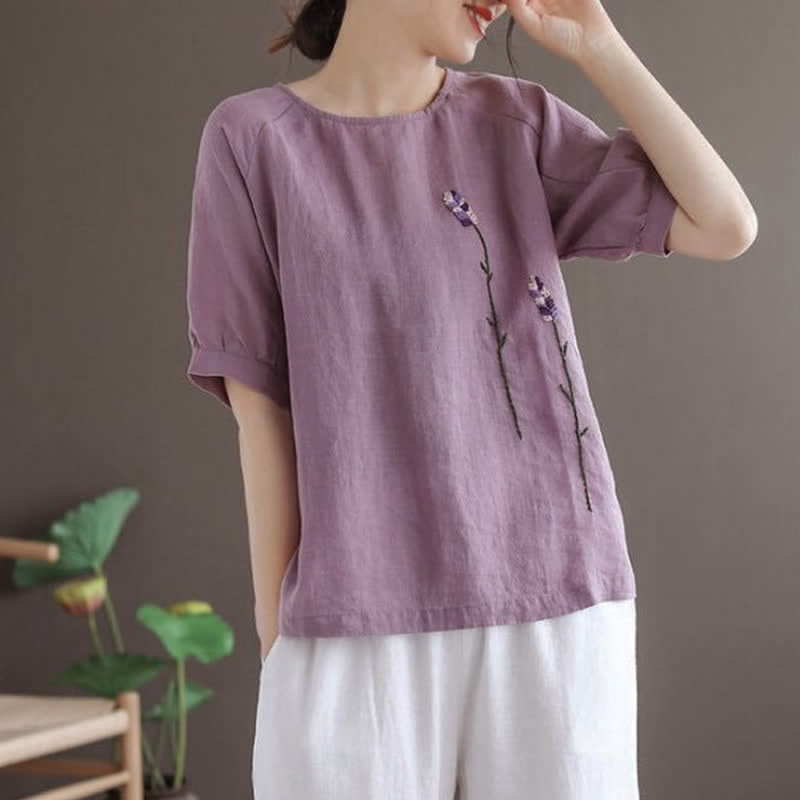 Buddha Stones Summer Vintage Embroidered Flower Pattern Women's Crew Neck Design T-Shirt