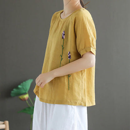 Buddha Stones Summer Vintage Embroidered Flower Pattern Women's Crew Neck Design T-Shirt