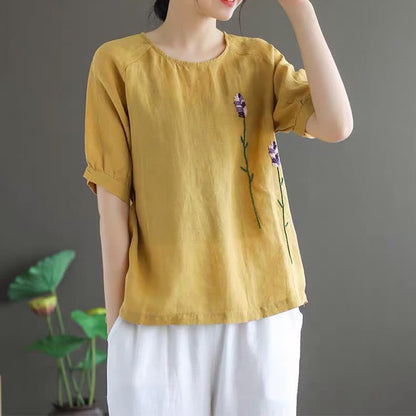 Buddha Stones Summer Vintage Embroidered Flower Pattern Women's Crew Neck Design T-Shirt