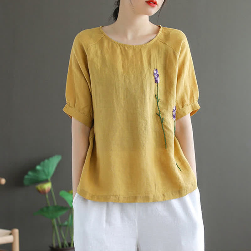 Buddha Stones Summer Vintage Embroidered Flower Pattern Women's Crew Neck Design T-Shirt