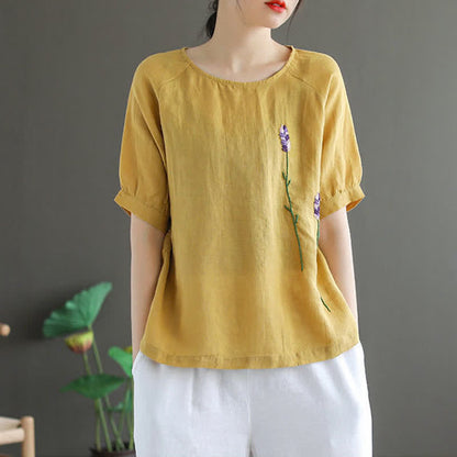 Buddha Stones Summer Vintage Embroidered Flower Pattern Women's Crew Neck Design T-Shirt