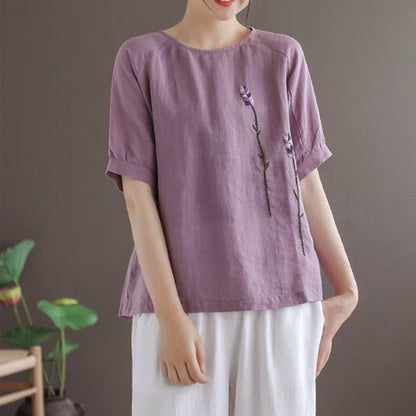 Buddha Stones Summer Vintage Embroidered Flower Pattern Women's Crew Neck Design T-Shirt