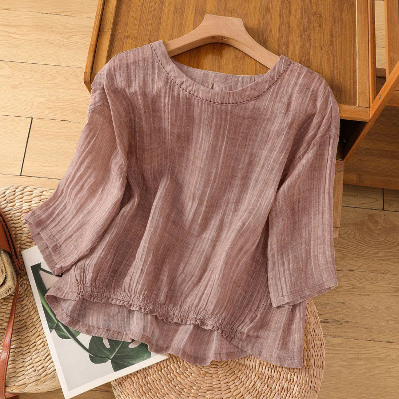 Buddha Stones Casual Summer Plain Crew Neck Women's Three Quarter Sleeve T-Shirt