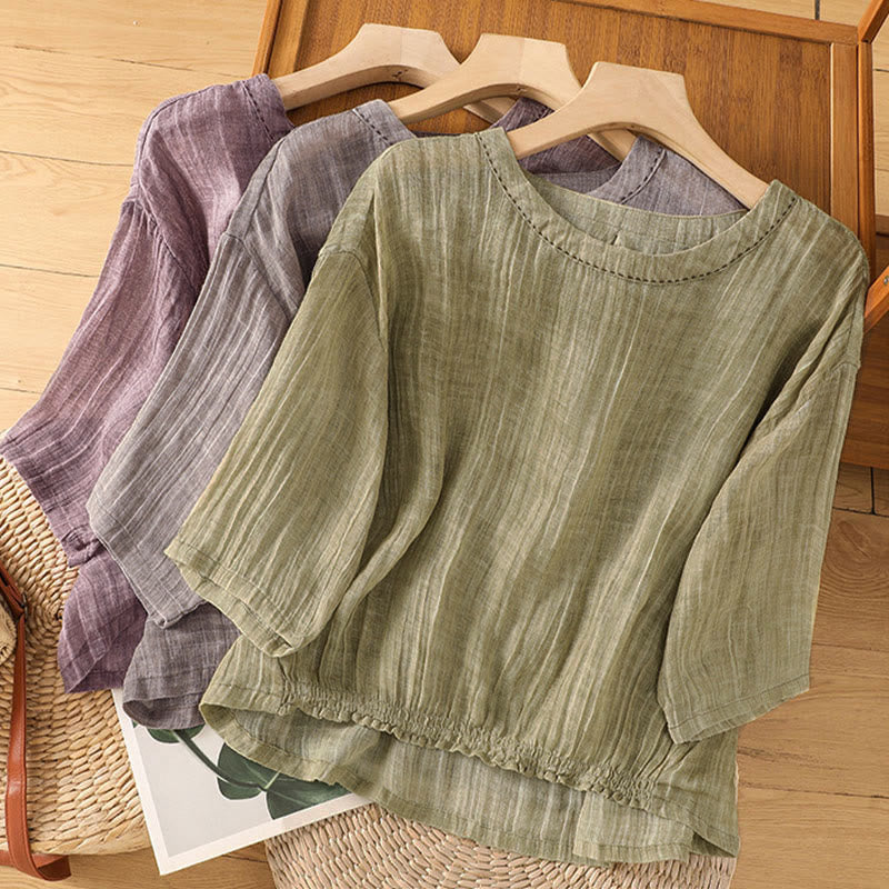 Buddha Stones Casual Summer Plain Crew Neck Women's Three Quarter Sleeve T-Shirt