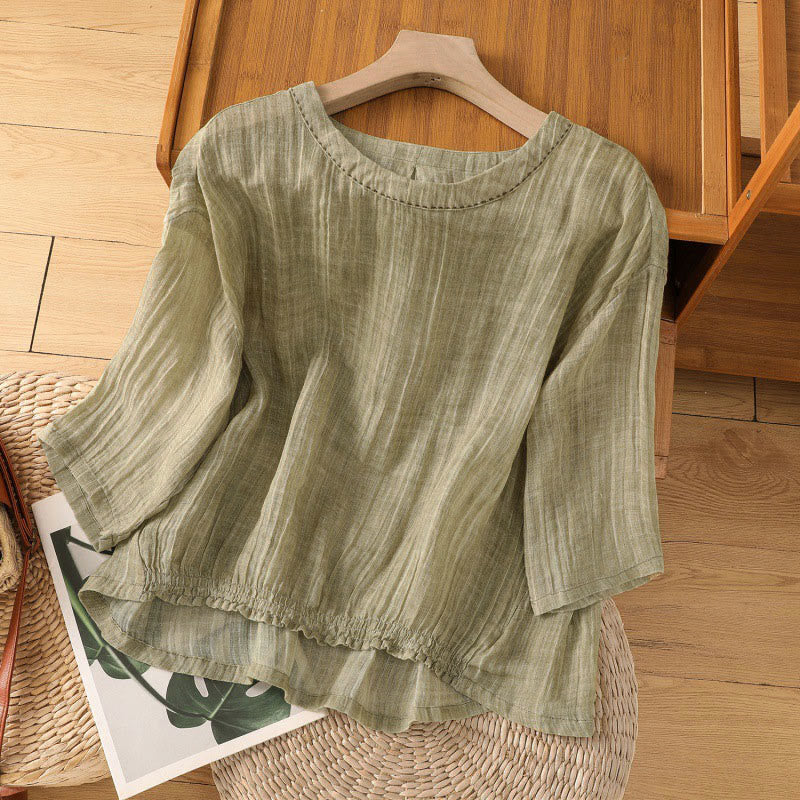 Buddha Stones Casual Summer Plain Crew Neck Women's Three Quarter Sleeve T-Shirt