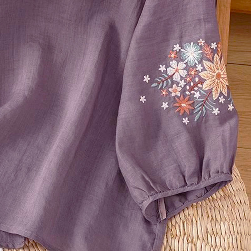 Buddha Stones Casual Flower Leaf Embroidery Women's Crew Neck Design Three Quarter Sleeve T-shirt