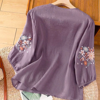 Buddha Stones Casual Flower Leaf Embroidery Women's Crew Neck Design Three Quarter Sleeve T-shirt