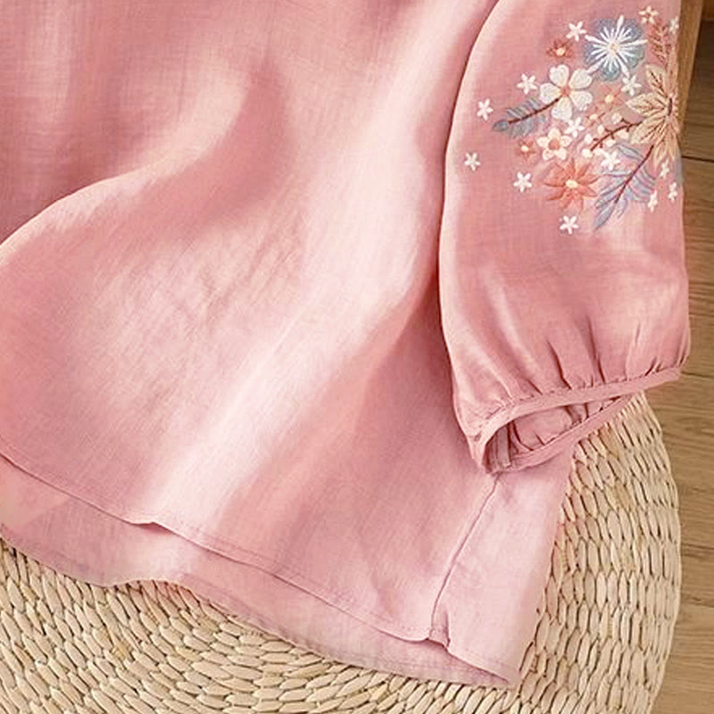 Buddha Stones Casual Flower Leaf Embroidery Women's Crew Neck Design Three Quarter Sleeve T-shirt