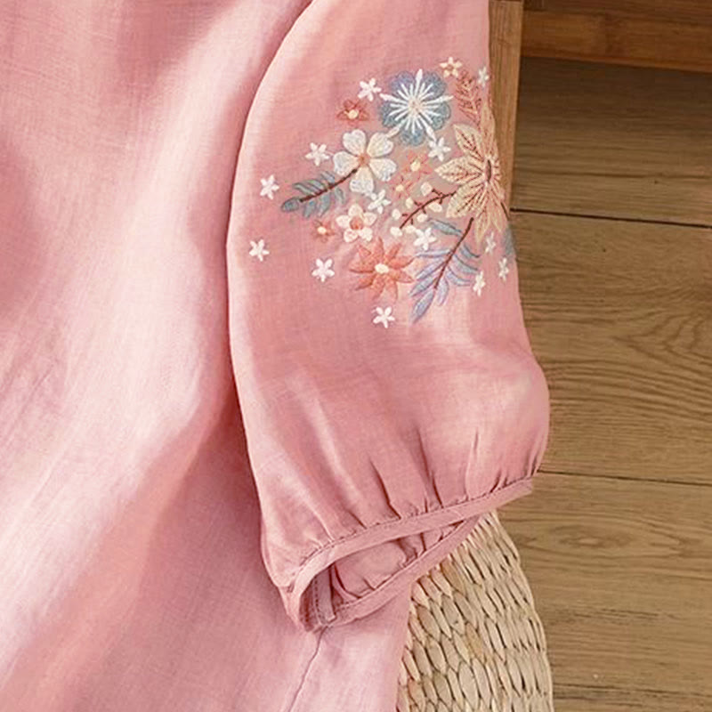 Buddha Stones Casual Flower Leaf Embroidery Women's Crew Neck Design Three Quarter Sleeve T-shirt