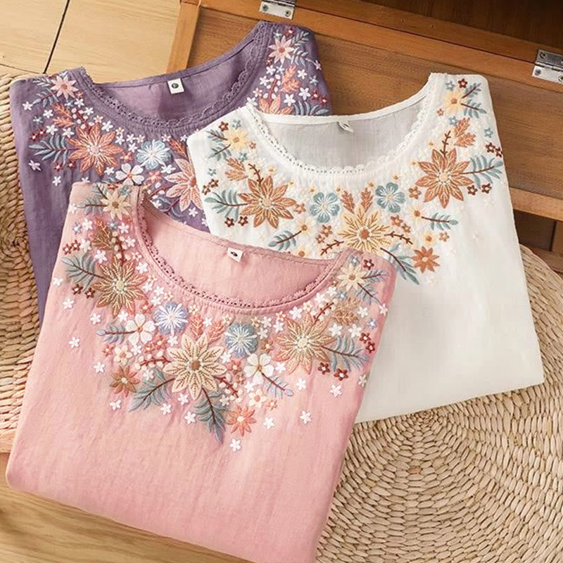 Buddha Stones Casual Flower Leaf Embroidery Women's Crew Neck Design Three Quarter Sleeve T-shirt
