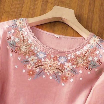 Buddha Stones Casual Flower Leaf Embroidery Women's Crew Neck Design Three Quarter Sleeve T-shirt