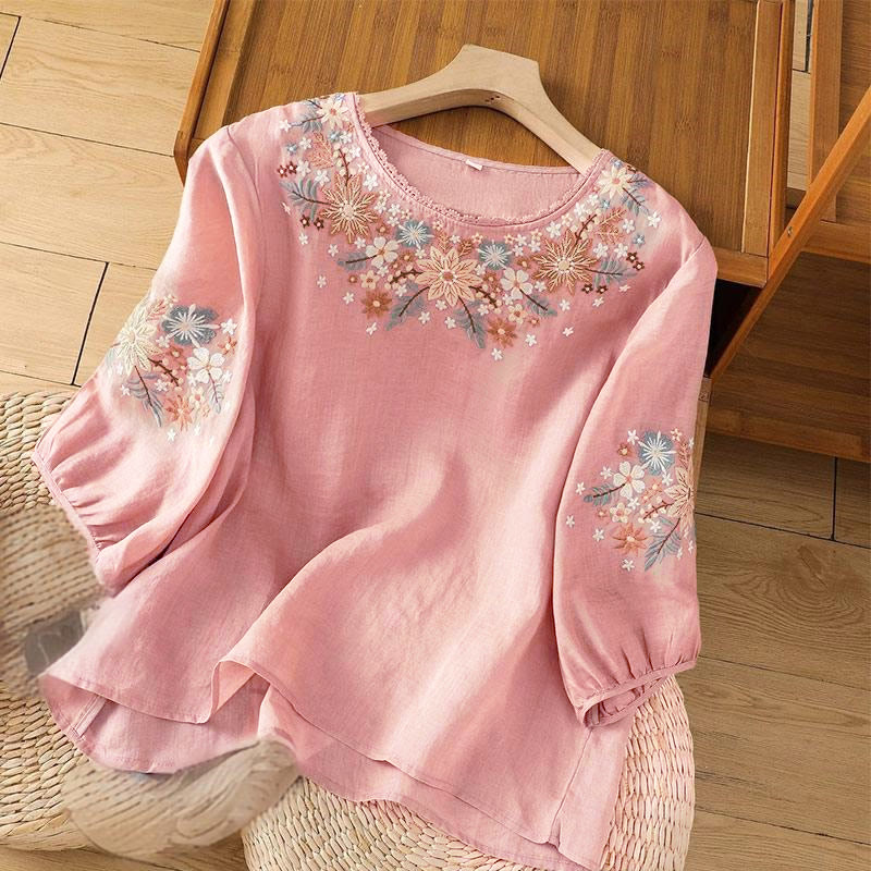 Buddha Stones Casual Flower Leaf Embroidery Women's Crew Neck Design Three Quarter Sleeve T-shirt