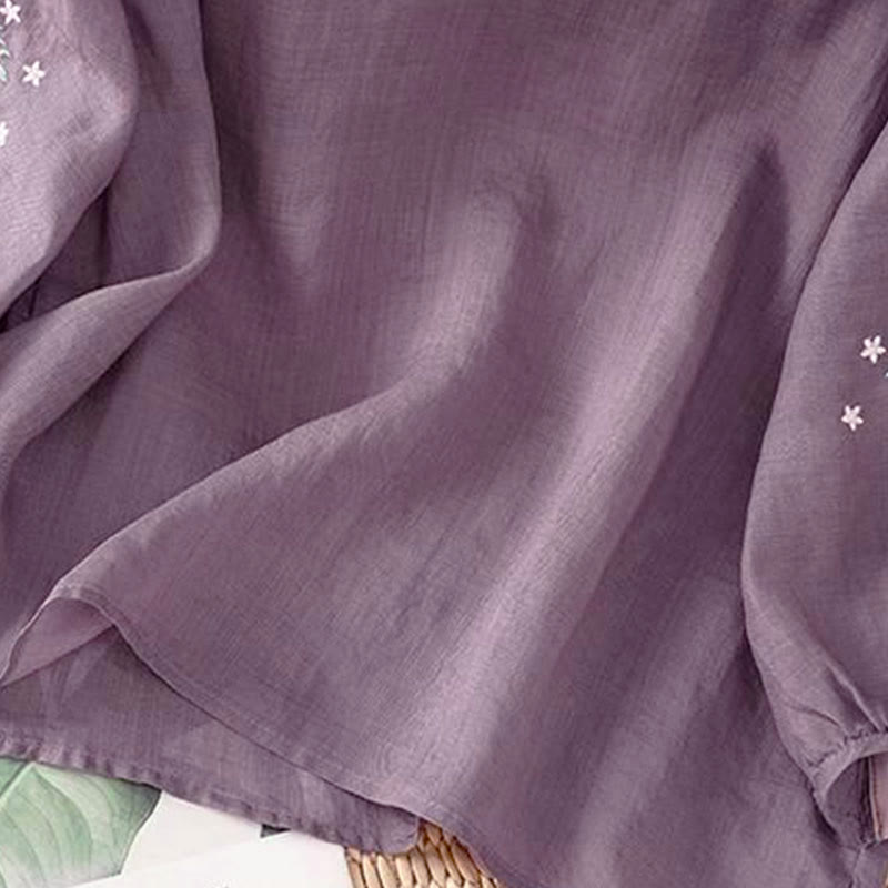 Buddha Stones Casual Flower Leaf Embroidery Women's Crew Neck Design Three Quarter Sleeve T-shirt