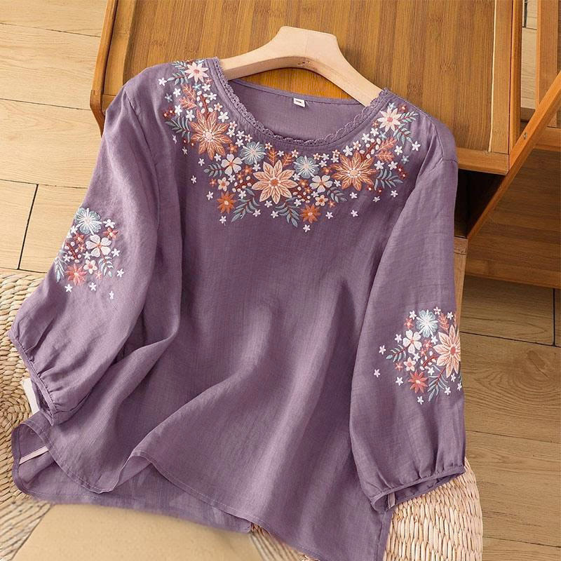 Buddha Stones Casual Flower Leaf Embroidery Women's Crew Neck Design Three Quarter Sleeve T-shirt