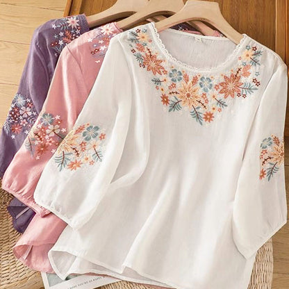 Buddha Stones Casual Flower Leaf Embroidery Women's Crew Neck Design Three Quarter Sleeve T-shirt