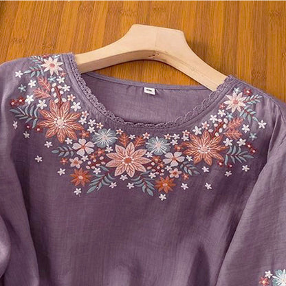 Buddha Stones Casual Flower Leaf Embroidery Women's Crew Neck Design Three Quarter Sleeve T-shirt