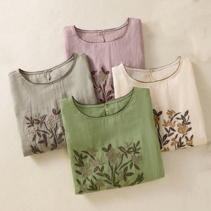 Buddha Stones Retro Embroidery Floral Three Quarter Sleeve Women's T-Shirt