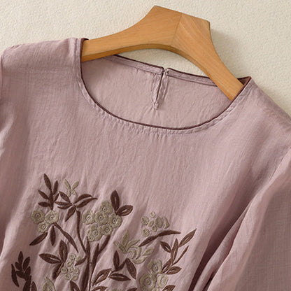 Buddha Stones Retro Embroidery Floral Three Quarter Sleeve Women's T-Shirt