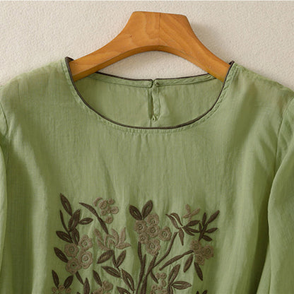Buddha Stones Retro Embroidery Floral Three Quarter Sleeve Women's T-Shirt