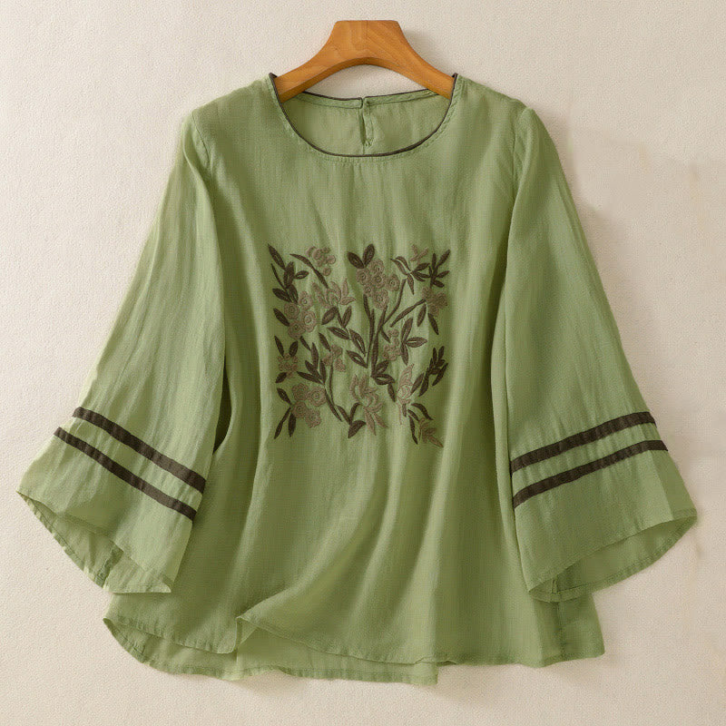 Buddha Stones Retro Embroidery Floral Three Quarter Sleeve Women's T-Shirt