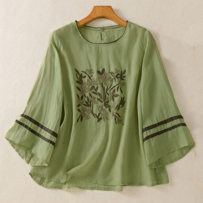 Buddha Stones Retro Embroidery Floral Three Quarter Sleeve Women's T-Shirt