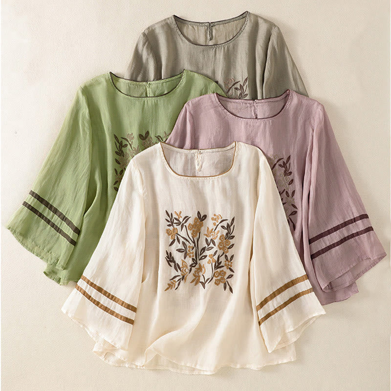 Buddha Stones Retro Embroidery Floral Three Quarter Sleeve Women's T-Shirt