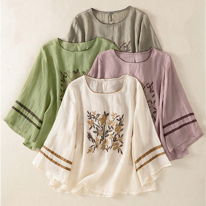 Buddha Stones Retro Embroidery Floral Three Quarter Sleeve Women's T-Shirt