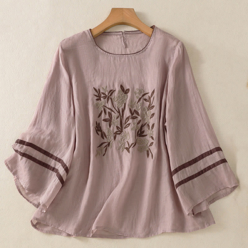 Buddha Stones Retro Embroidery Floral Three Quarter Sleeve Women's T-Shirt