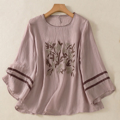 Buddha Stones Retro Embroidery Floral Three Quarter Sleeve Women's T-Shirt