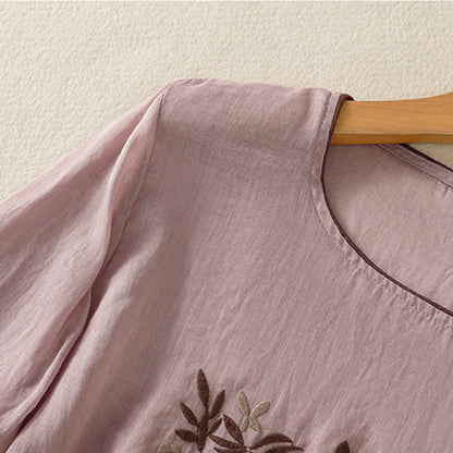 Buddha Stones Retro Embroidery Floral Three Quarter Sleeve Women's T-Shirt