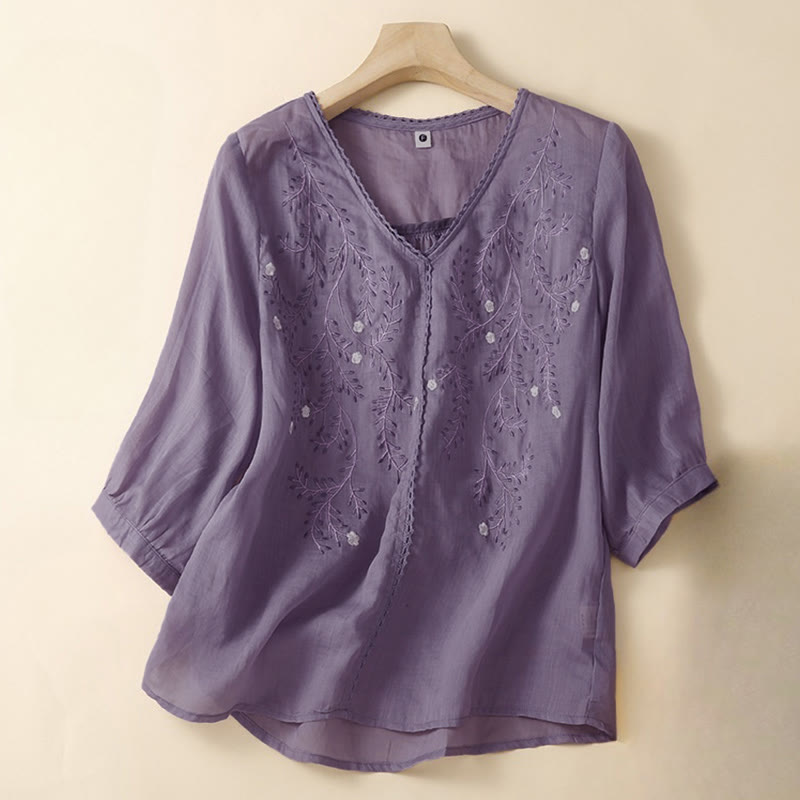 Buddha Stones Summer Casual Flower Branches Embroidered Pattern V-Neck Half Sleeve Women's T-shirt