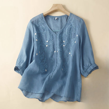 Buddha Stones Summer Casual Flower Branches Embroidered Pattern V-Neck Half Sleeve Women's T-shirt