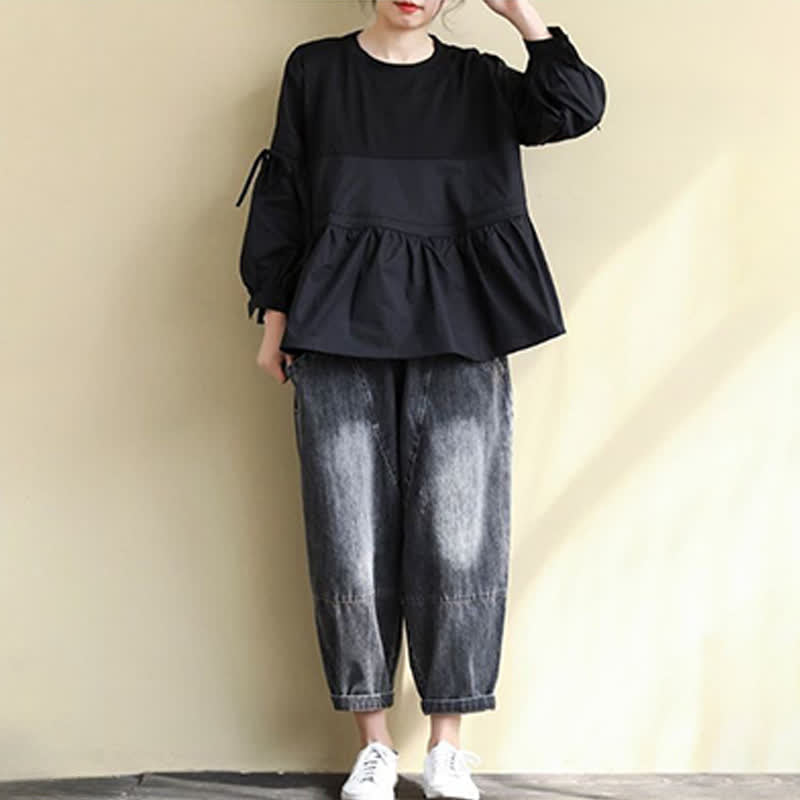 Buddha Stones Spring Fall Casual Vintage Crew Neck Peplum Hem Drawstring Solid Women's Long Sleeve T-Shirt