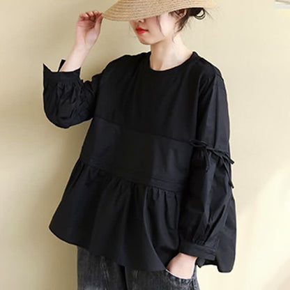 Buddha Stones Spring Fall Casual Vintage Crew Neck Peplum Hem Drawstring Solid Women's Long Sleeve T-Shirt