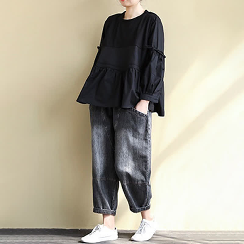 Buddha Stones Spring Fall Casual Vintage Crew Neck Peplum Hem Drawstring Solid Women's Long Sleeve T-Shirt