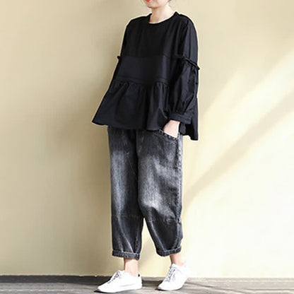 Buddha Stones Spring Fall Casual Vintage Crew Neck Peplum Hem Drawstring Solid Women's Long Sleeve T-Shirt