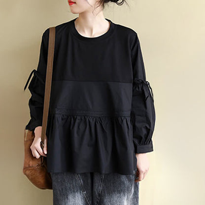 Buddha Stones Spring Fall Casual Vintage Crew Neck Peplum Hem Drawstring Solid Women's Long Sleeve T-Shirt