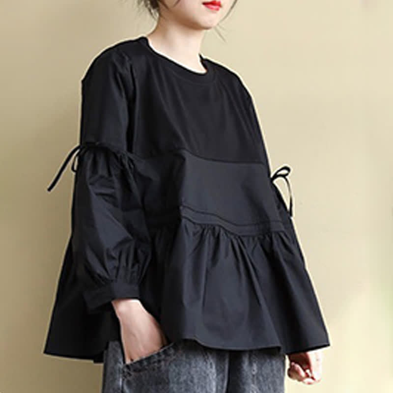 Buddha Stones Spring Fall Casual Vintage Crew Neck Peplum Hem Drawstring Solid Women's Long Sleeve T-Shirt