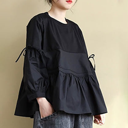 Buddha Stones Spring Fall Casual Vintage Crew Neck Peplum Hem Drawstring Solid Women's Long Sleeve T-Shirt