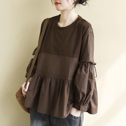 Buddha Stones Spring Fall Casual Vintage Crew Neck Peplum Hem Drawstring Solid Women's Long Sleeve T-Shirt