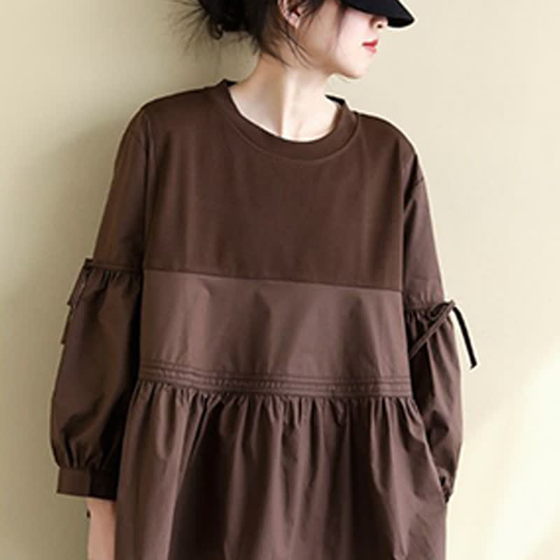 Buddha Stones Spring Fall Casual Vintage Crew Neck Peplum Hem Drawstring Solid Women's Long Sleeve T-Shirt
