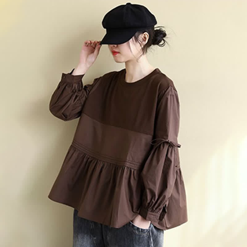 Buddha Stones Spring Fall Casual Vintage Crew Neck Peplum Hem Drawstring Solid Women's Long Sleeve T-Shirt