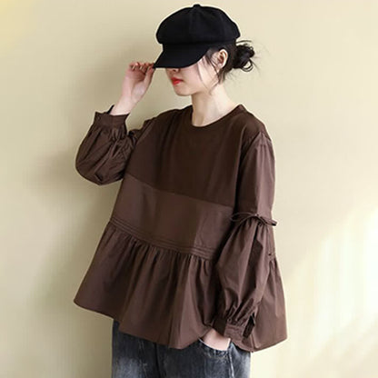 Buddha Stones Spring Fall Casual Vintage Crew Neck Peplum Hem Drawstring Solid Women's Long Sleeve T-Shirt