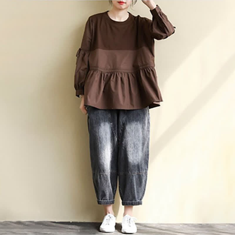 Buddha Stones Spring Fall Casual Vintage Crew Neck Peplum Hem Drawstring Solid Women's Long Sleeve T-Shirt